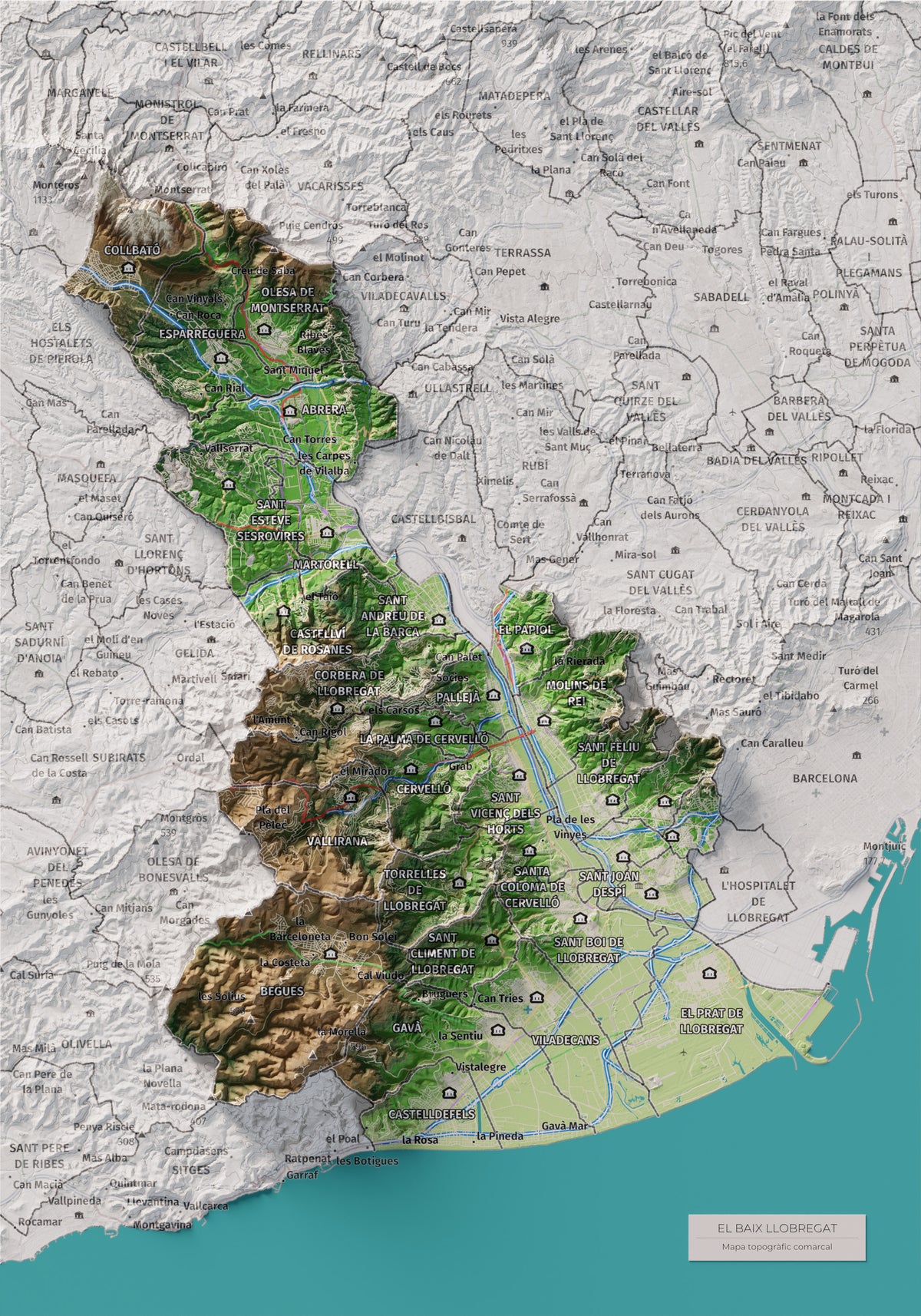 Mapa de relleu del Baix Llobregat, amb el territori en color i l’entorn en blanc. Vista completa de la làmina. 21 × 30 cm. Estil Clàssic.