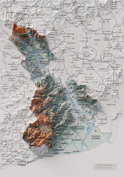 Mapa de relleu del Baix Llobregat, amb el territori en color i l’entorn en blanc. Vista completa de la làmina. 21 × 30 cm. Estil Blau i taronja.