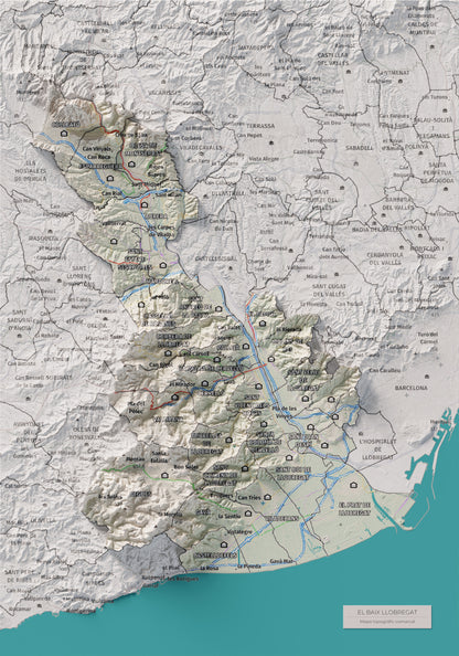 Mapa de relleu del Baix Llobregat, amb el territori en color i l’entorn en blanc. Vista completa de la làmina. 21 × 30 cm. Estil Cartogràfic.