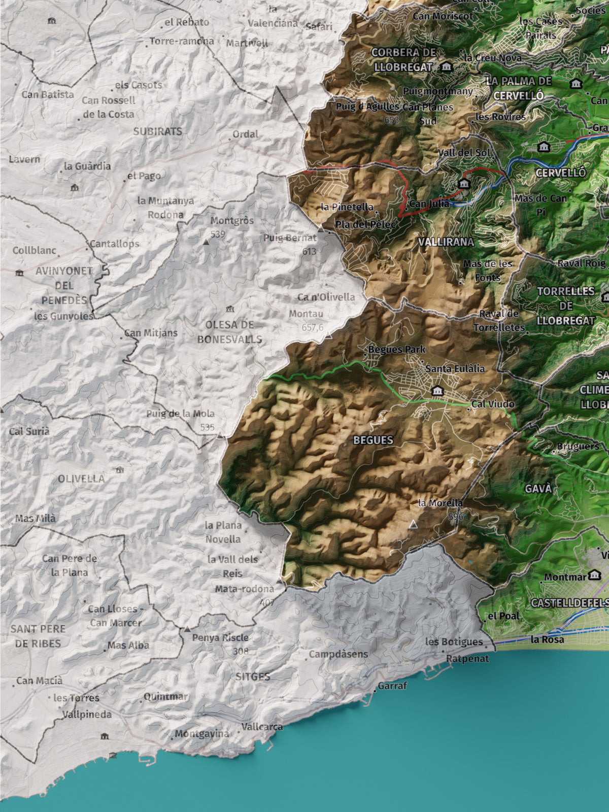Mapa de relleu del Baix Llobregat, amb el territori en color i l’entorn en blanc. Detall de la part inferior esquerra. 30 × 40 cm. Estil Clàssic.