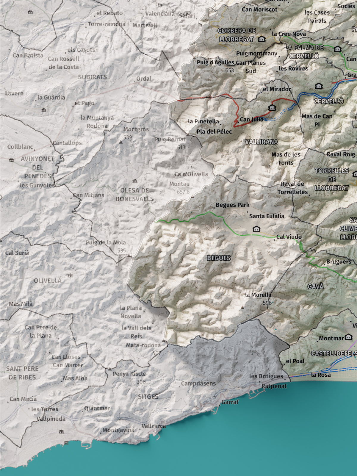 Mapa de relleu del Baix Llobregat, amb el territori en color i l’entorn en blanc. Detall de la part inferior esquerra. 30 × 40 cm. Estil Cartogràfic.