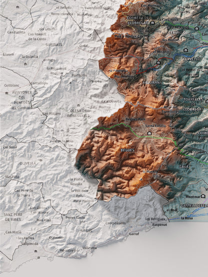 Mapa de relleu del Baix Llobregat, amb el territori en color i l’entorn en blanc. Detall de la part inferior esquerra. 30 × 40 cm. Estil Blau i taronja.