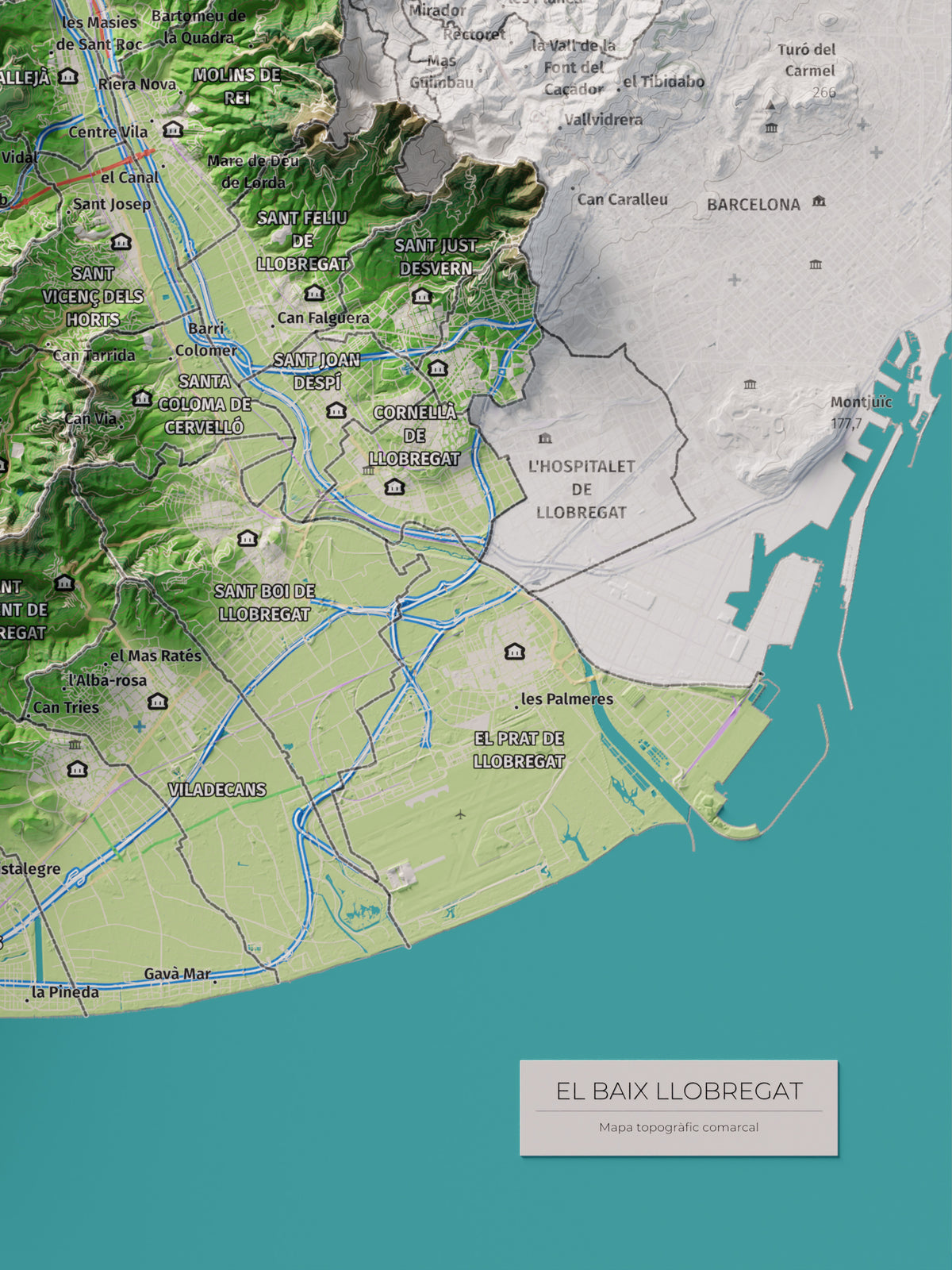 Mapa de relleu del Baix Llobregat, amb el territori en color i l’entorn en blanc. Detall de la part inferior dreta. 30 × 40 cm. Estil Clàssic.