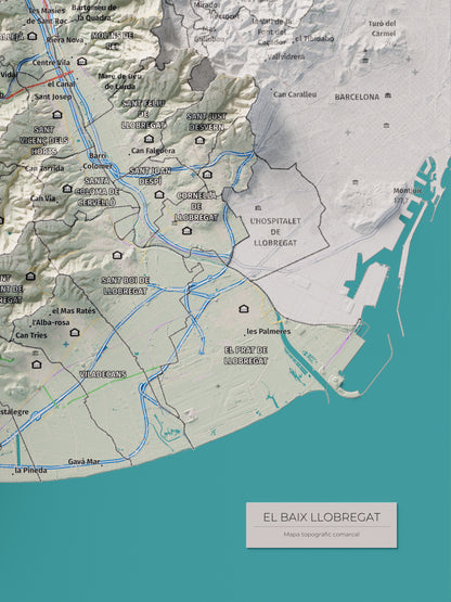Mapa de relleu del Baix Llobregat, amb el territori en color i l’entorn en blanc. Detall de la part inferior dreta. 30 × 40 cm. Estil Cartogràfic.