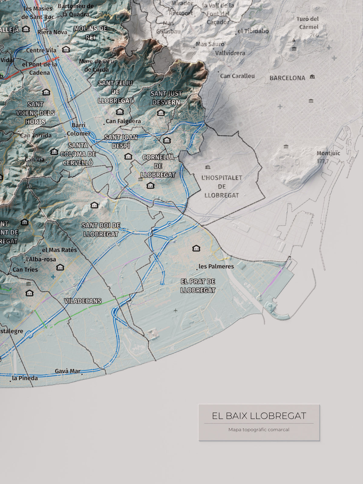 Mapa de relleu del Baix Llobregat, amb el territori en color i l’entorn en blanc. Detall de la part inferior dreta. 30 × 40 cm. Estil Blau i taronja.