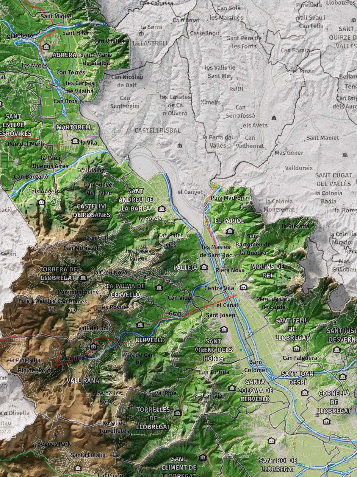 Mapa de relleu del Baix Llobregat, amb el territori en color i l’entorn en blanc. Detall de la part central. 30 × 40 cm. Estil Clàssic.