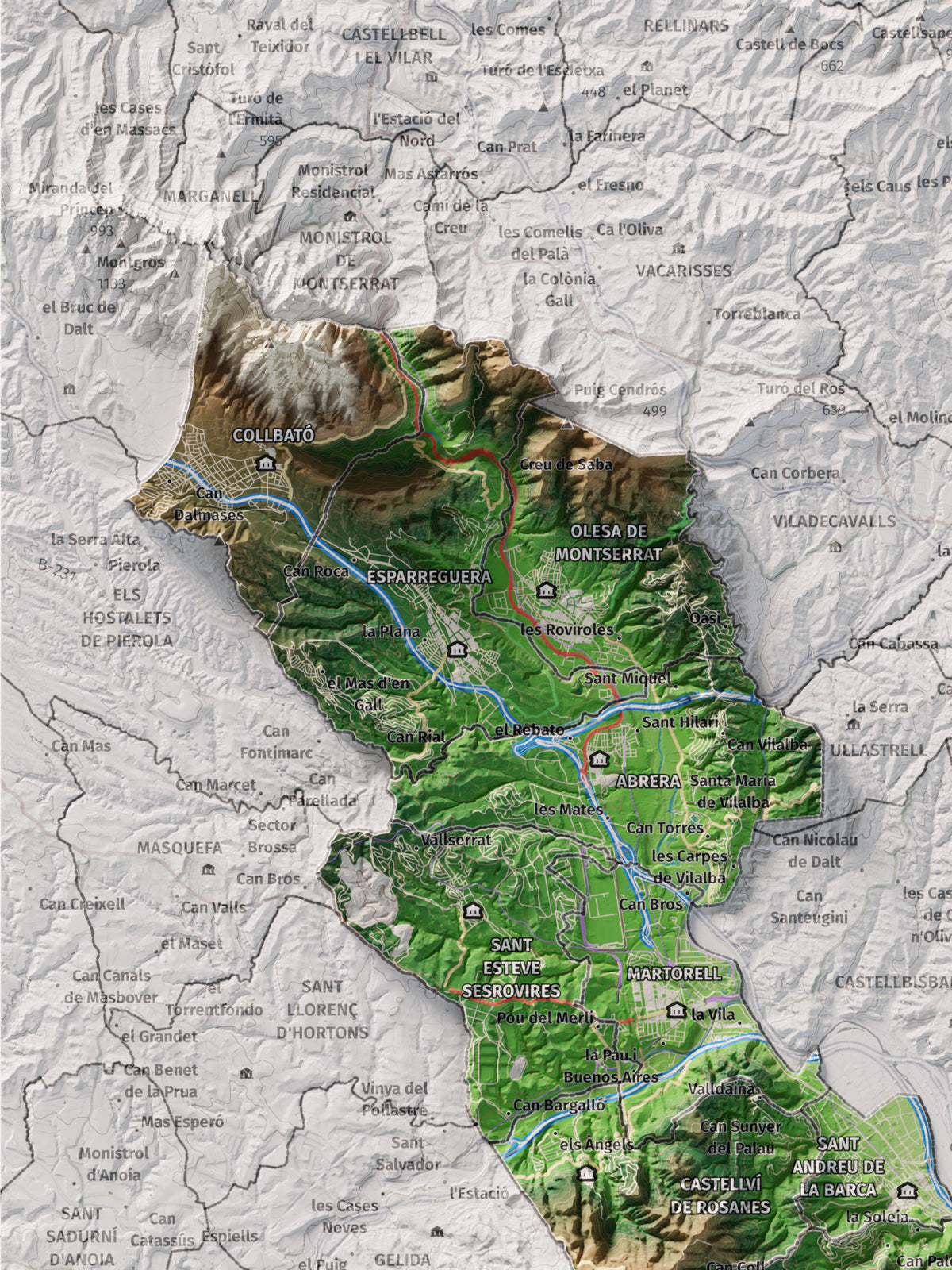 Mapa de relleu del Baix Llobregat, amb el territori en color i l’entorn en blanc. Detall de la part superior esquerra. 30 × 40 cm. Estil Clàssic.