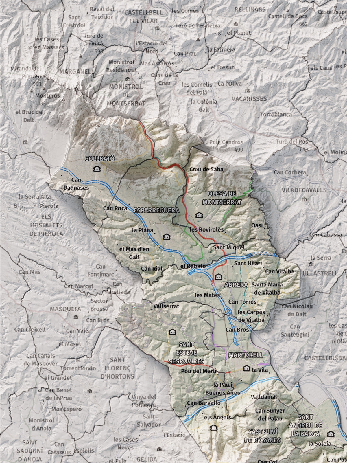 Mapa de relleu del Baix Llobregat, amb el territori en color i l’entorn en blanc. Detall de la part superior esquerra. 30 × 40 cm. Estil Cartogràfic.