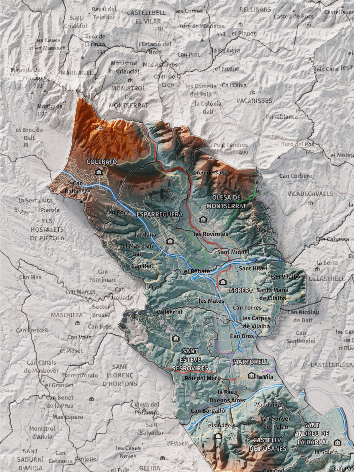 Mapa de relleu del Baix Llobregat, amb el territori en color i l’entorn en blanc. Detall de la part superior esquerra. 30 × 40 cm. Estil Blau i taronja.