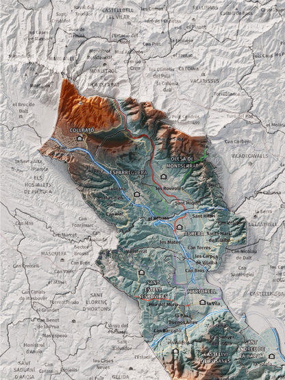 Mapa de relleu del Baix Llobregat, amb el territori en color i l’entorn en blanc. Detall de la part superior esquerra. 30 × 40 cm. Estil Blau i taronja.