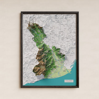 Mapa de relleu del Baix Llobregat, amb el territori en color i l’entorn en blanc. Presentació amb marc. 30 × 40 cm. Estil Clàssic.