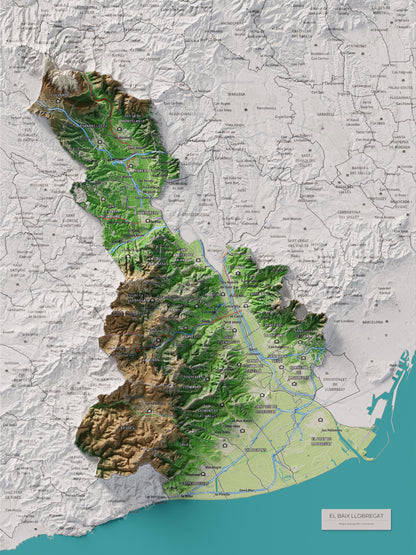 Mapa de relleu del Baix Llobregat, amb el territori en color i l’entorn en blanc. Vista completa de la làmina. 30 × 40 cm. Estil Clàssic.