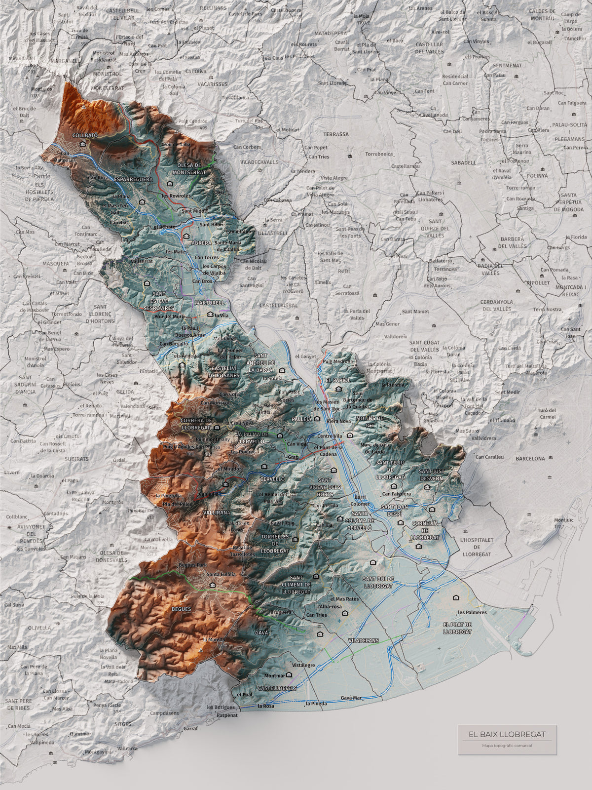 Mapa de relleu del Baix Llobregat, amb el territori en color i l’entorn en blanc. Vista completa de la làmina. 30 × 40 cm. Estil Blau i taronja.