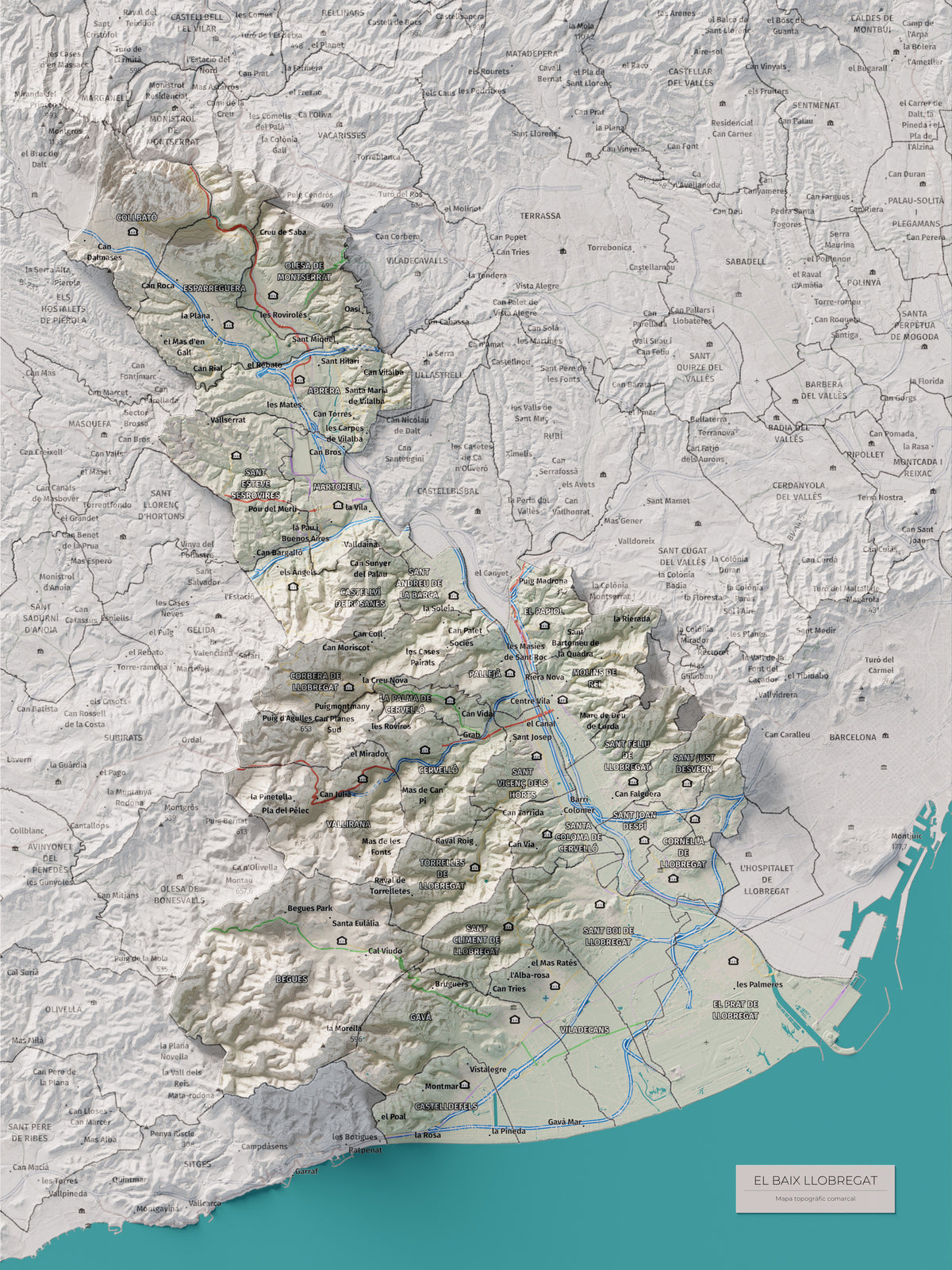 Mapa de relleu del Baix Llobregat, amb el territori en color i l’entorn en blanc. Vista completa de la làmina. 30 × 40 cm. Estil Cartogràfic.