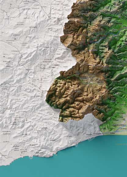 Mapa de relleu del Baix Llobregat, amb el territori en color i l’entorn en blanc. Detall de la part inferior esquerra. 50 × 70 cm. Estil Clàssic.