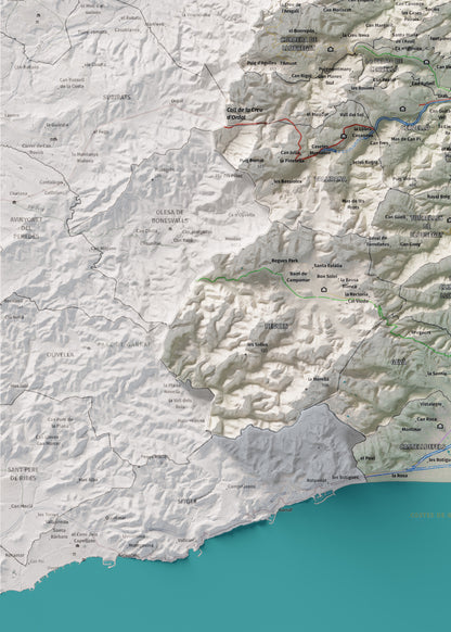 Mapa de relleu del Baix Llobregat, amb el territori en color i l’entorn en blanc. Detall de la part inferior esquerra. 50 × 70 cm. Estil Cartogràfic.