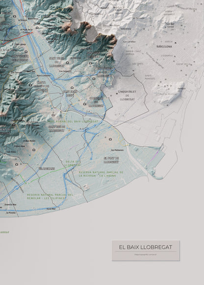 Mapa de relleu del Baix Llobregat, amb el territori en color i l’entorn en blanc. Detall de la part inferior dreta. 50 × 70 cm. Estil Blau i taronja.