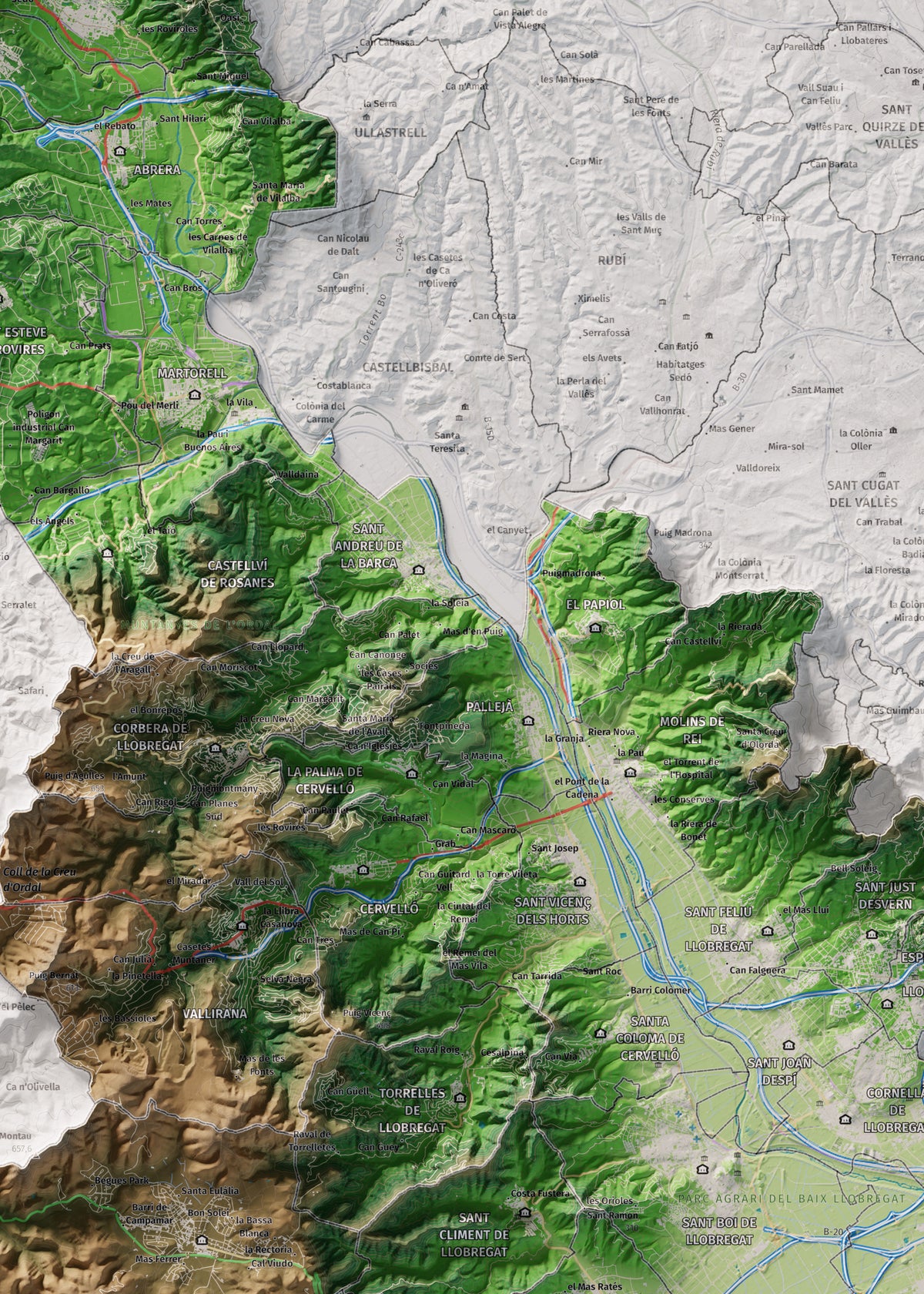Mapa de relleu del Baix Llobregat, amb el territori en color i l’entorn en blanc. Detall de la part central. 50 × 70 cm. Estil Clàssic.