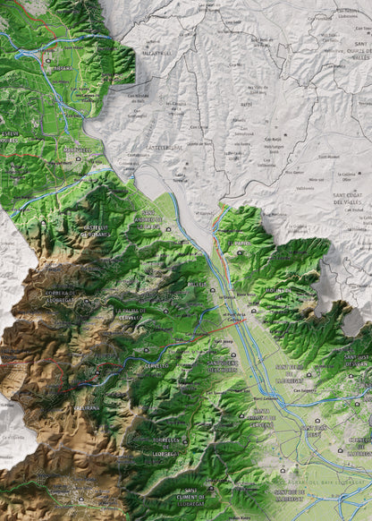 Mapa de relleu del Baix Llobregat, amb el territori en color i l’entorn en blanc. Detall de la part central. 50 × 70 cm. Estil Clàssic.