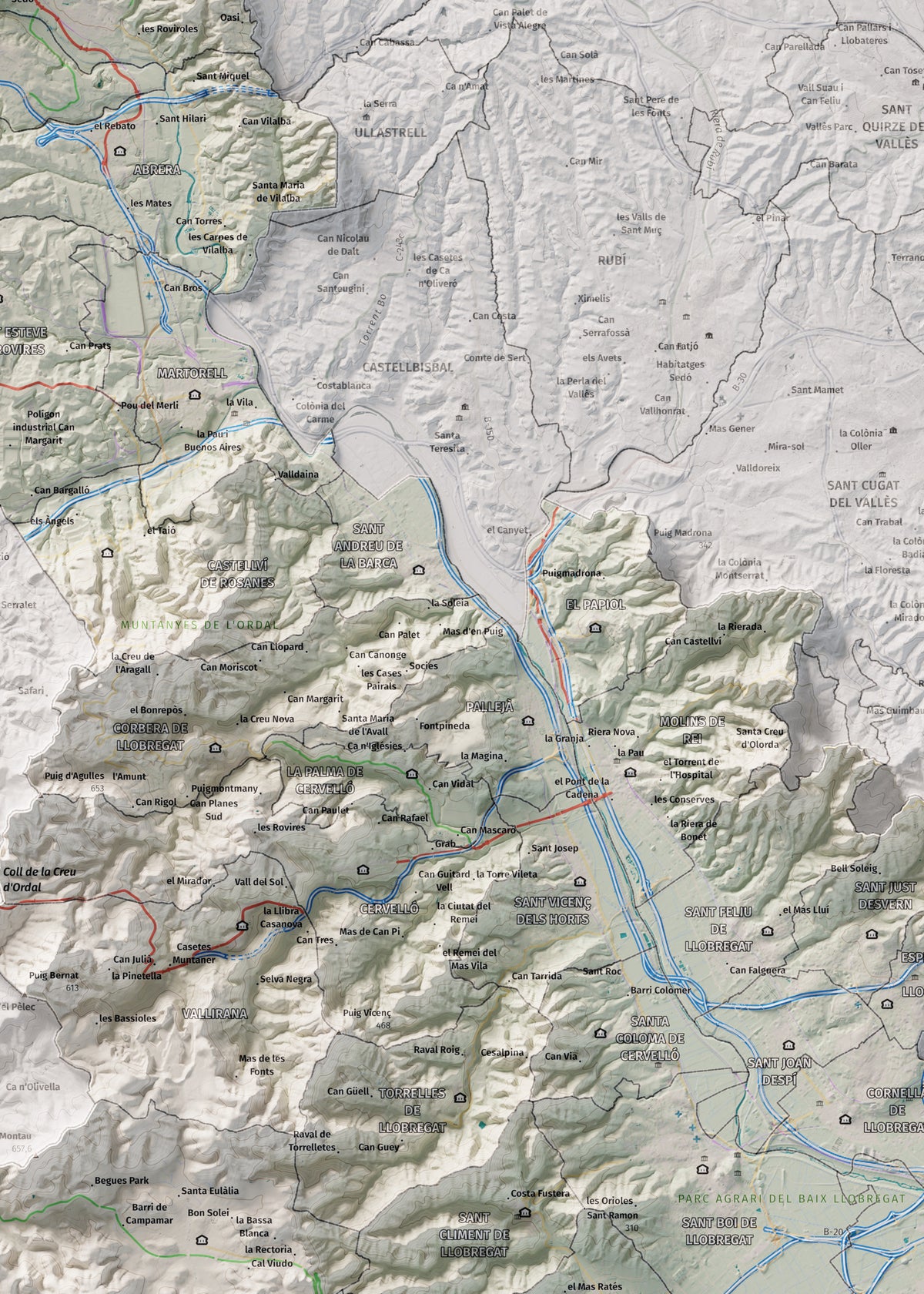 Mapa de relleu del Baix Llobregat, amb el territori en color i l’entorn en blanc. Detall de la part central. 50 × 70 cm. Estil Cartogràfic.