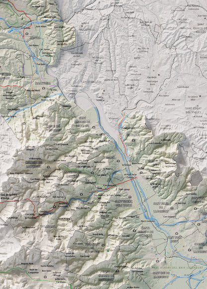 Mapa de relleu del Baix Llobregat, amb el territori en color i l’entorn en blanc. Detall de la part central. 50 × 70 cm. Estil Cartogràfic.