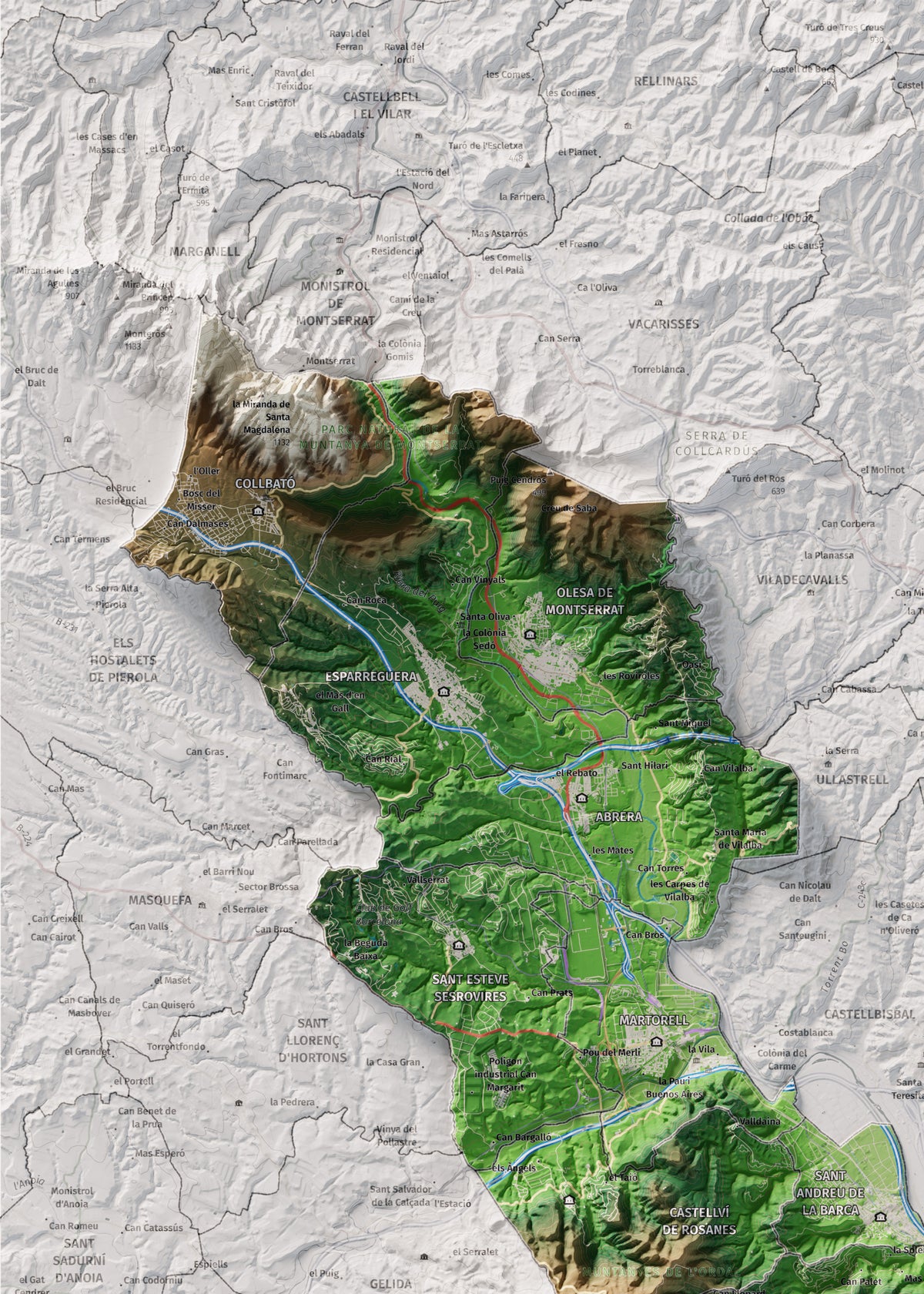 Mapa de relleu del Baix Llobregat, amb el territori en color i l’entorn en blanc. Detall de la part superior esquerra. 50 × 70 cm. Estil Clàssic.