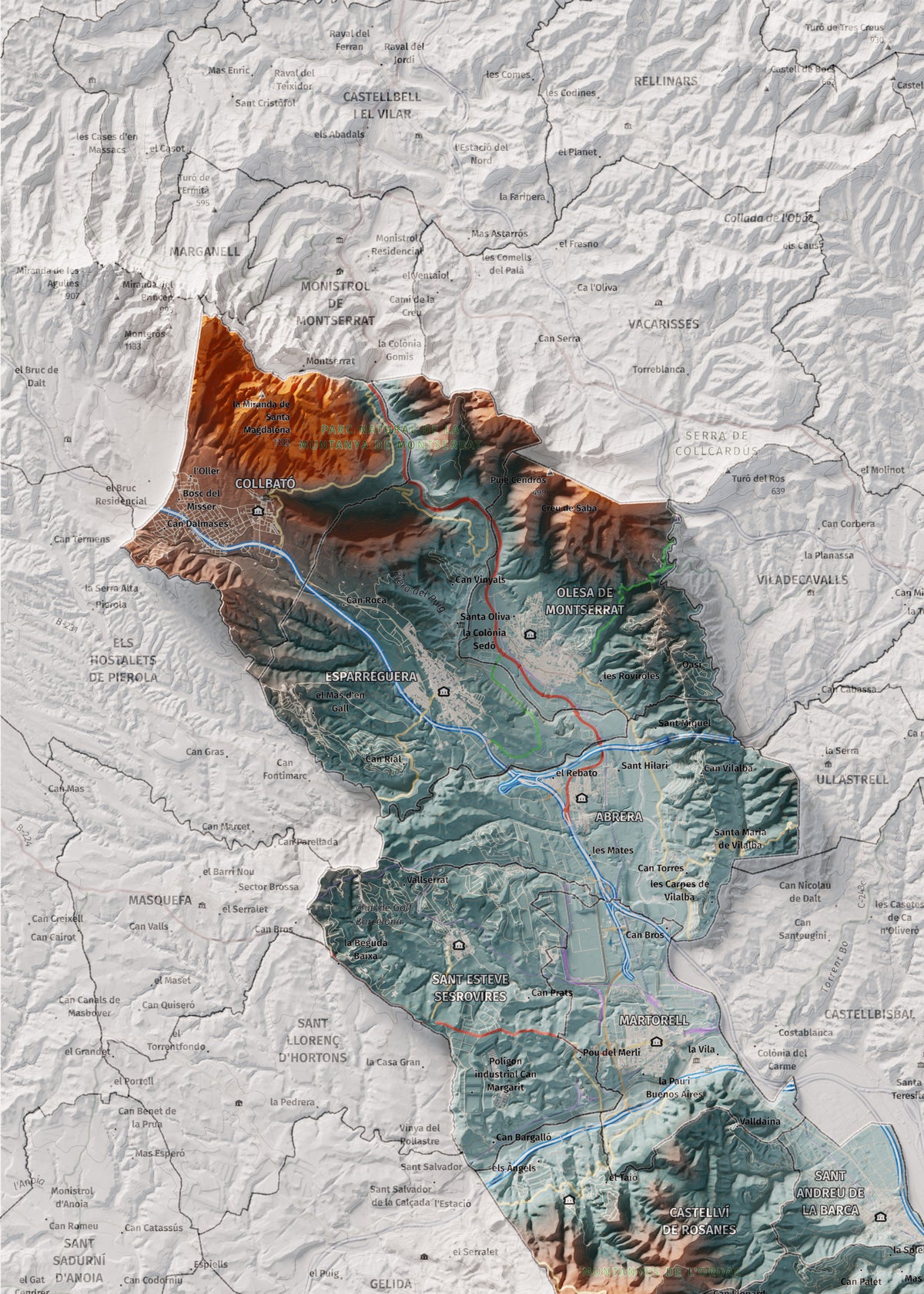 Mapa de relleu del Baix Llobregat, amb el territori en color i l’entorn en blanc. Detall de la part superior esquerra. 50 × 70 cm. Estil Blau i taronja.