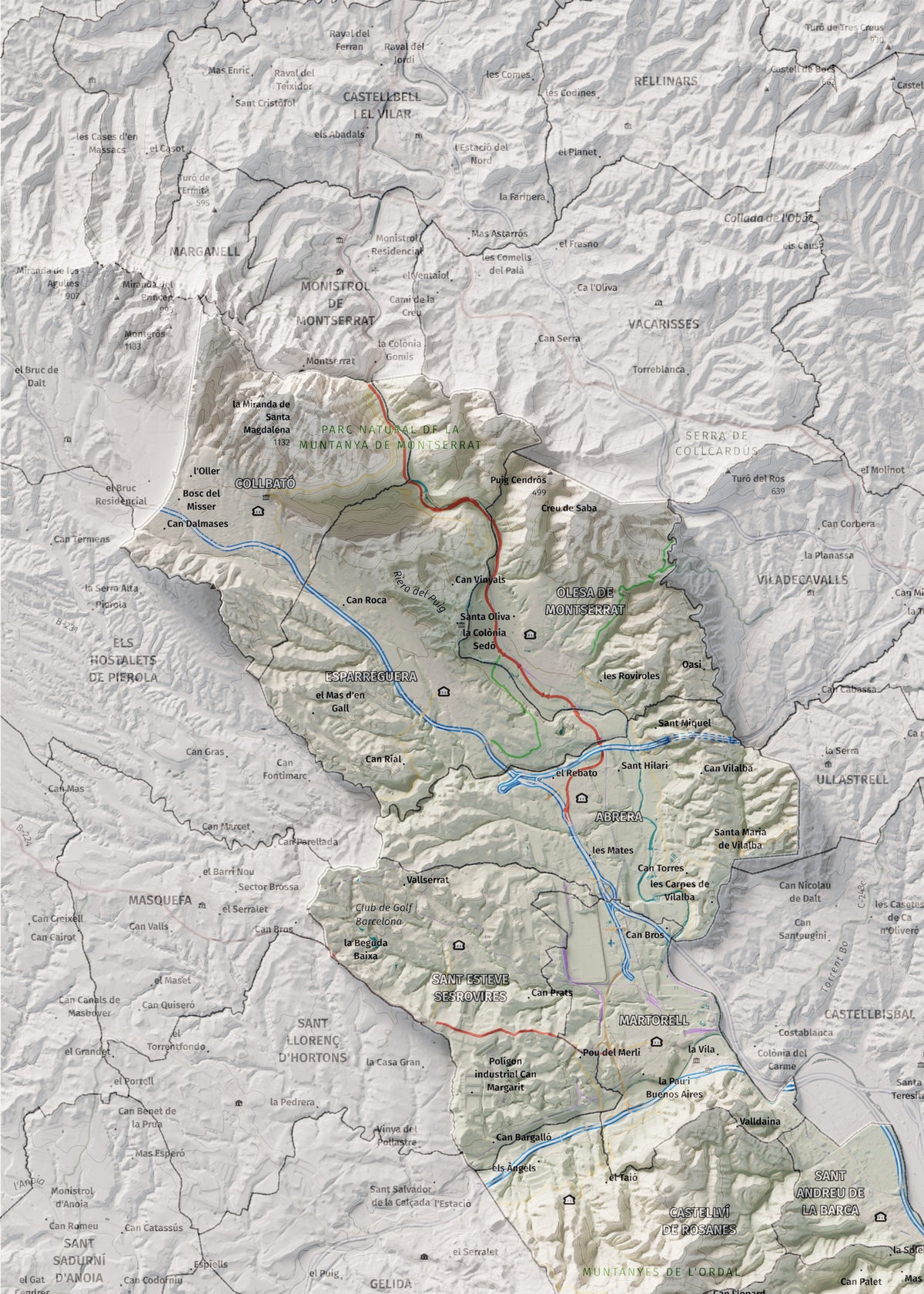 Mapa de relleu del Baix Llobregat, amb el territori en color i l’entorn en blanc. Detall de la part superior esquerra. 50 × 70 cm. Estil Cartogràfic.
