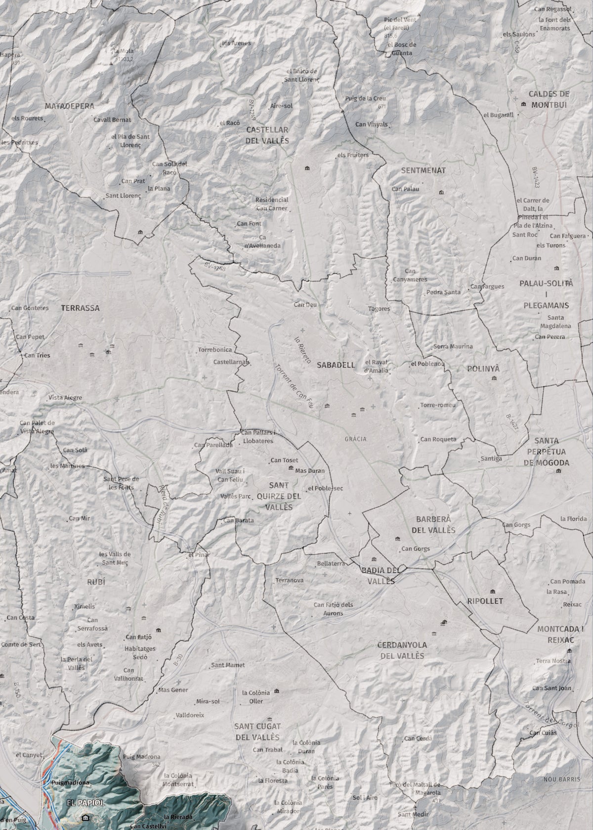 Mapa de relleu del Baix Llobregat, amb el territori en color i l’entorn en blanc. Detall de la part superior dreta. 50 × 70 cm. Estil Blau i taronja.