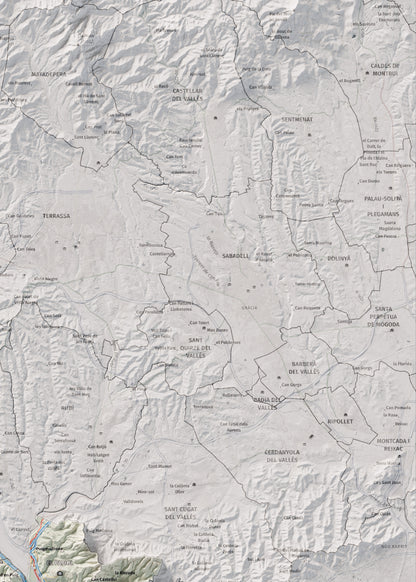 Mapa de relleu del Baix Llobregat, amb el territori en color i l’entorn en blanc. Detall de la part superior dreta. 50 × 70 cm. Estil Cartogràfic.