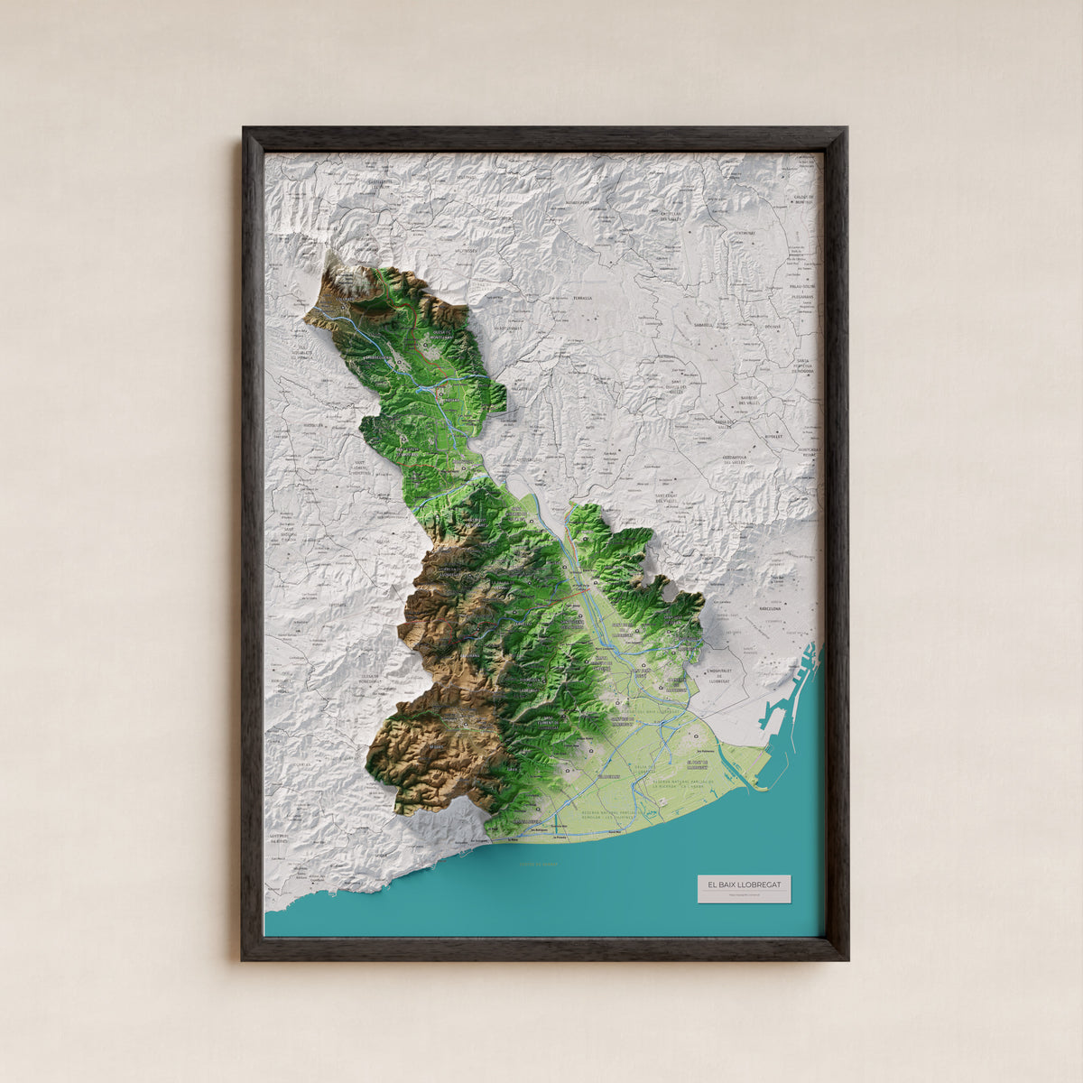 Mapa de relleu del Baix Llobregat, amb el territori en color i l’entorn en blanc. Presentació amb marc. 50 × 70 cm. Estil Clàssic.