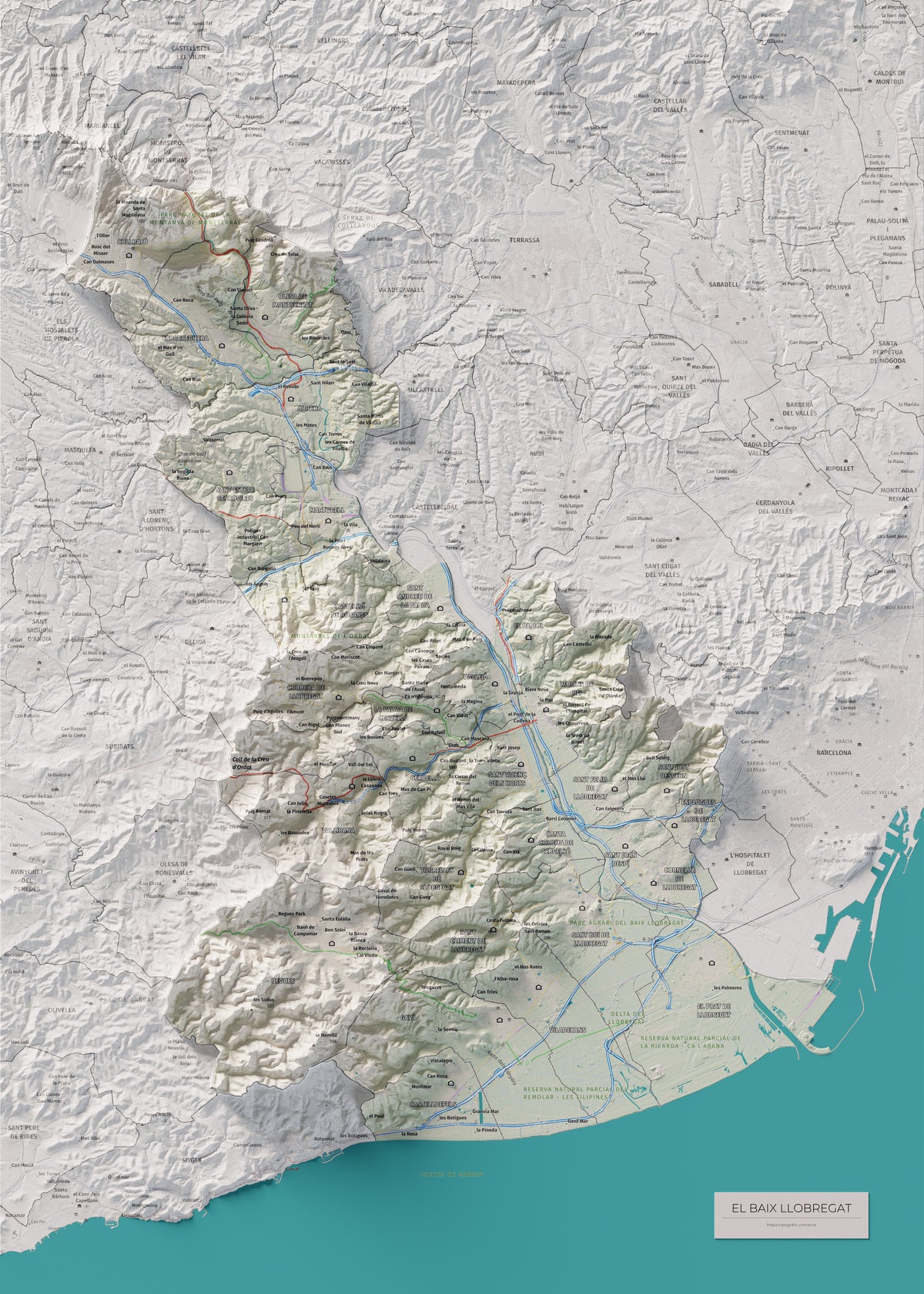 Mapa de relleu del Baix Llobregat, amb el territori en color i l’entorn en blanc. Vista completa de la làmina. 50 × 70 cm. Estil Cartogràfic.