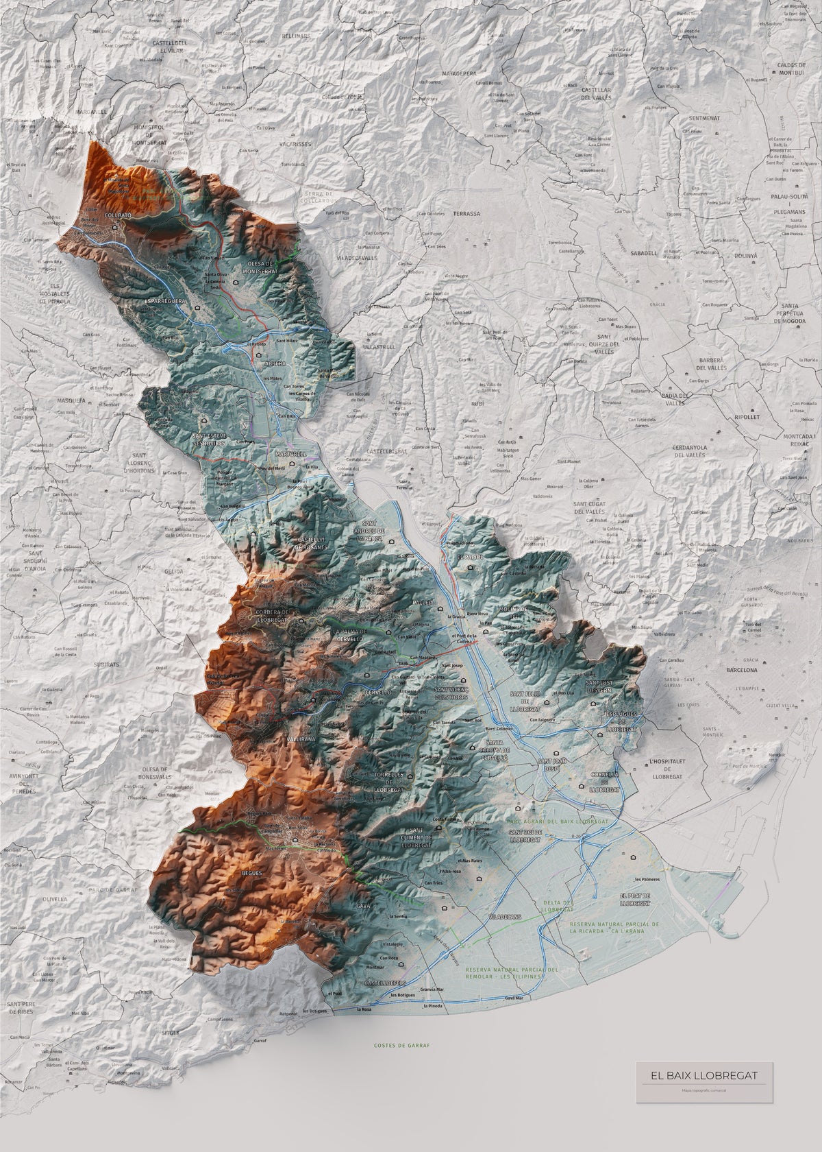 Mapa de relleu del Baix Llobregat, amb el territori en color i l’entorn en blanc. Vista completa de la làmina. 50 × 70 cm. Estil Blau i taronja.