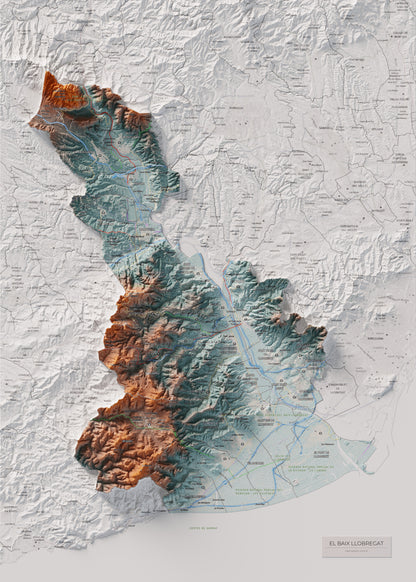 Mapa de relleu del Baix Llobregat, amb el territori en color i l’entorn en blanc. Vista completa de la làmina. 50 × 70 cm. Estil Blau i taronja.