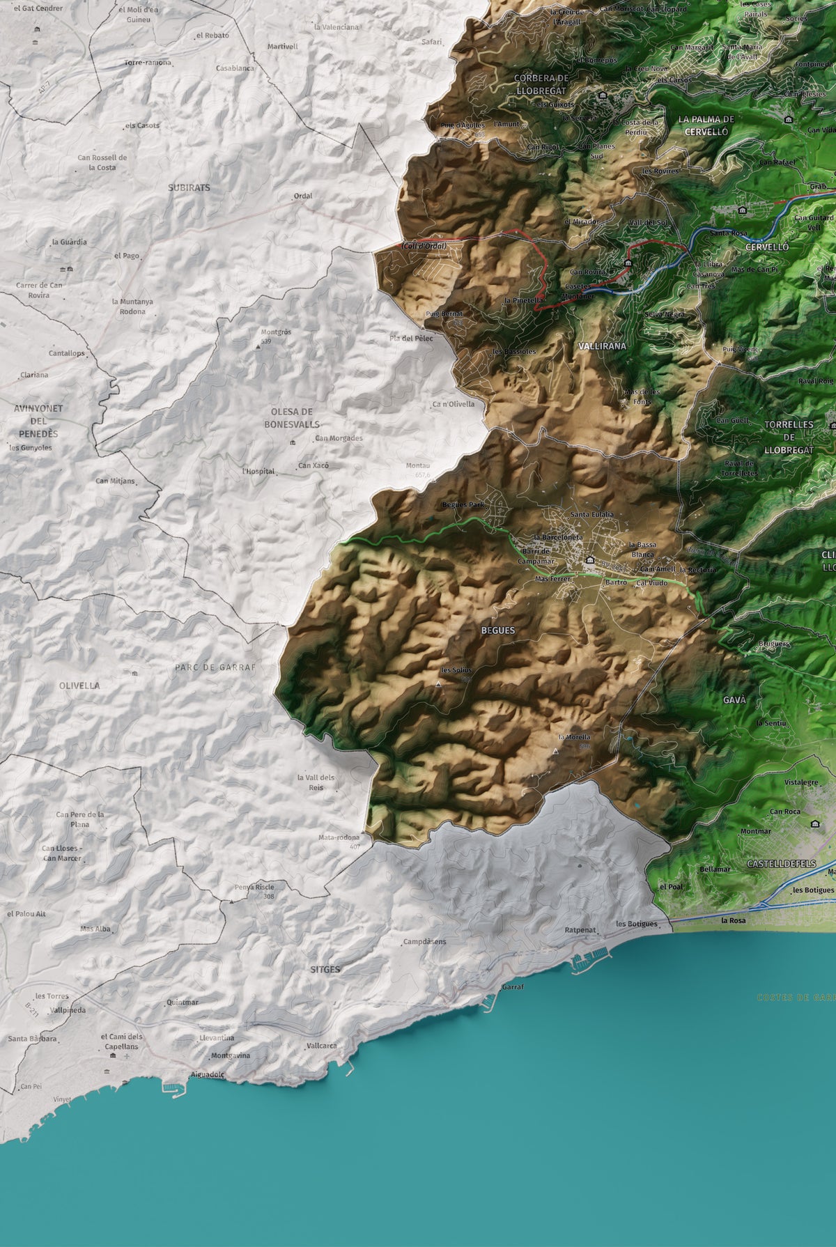 Mapa de relleu del Baix Llobregat, amb el territori en color i l’entorn en blanc. Detall de la part inferior esquerra. 61 × 91 cm. Estil Clàssic.