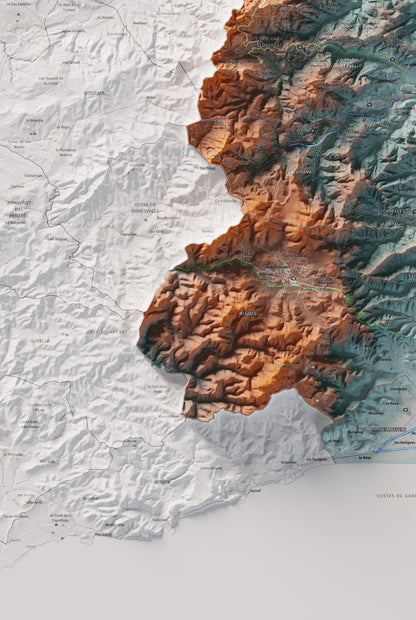 Mapa de relleu del Baix Llobregat, amb el territori en color i l’entorn en blanc. Detall de la part inferior esquerra. 61 × 91 cm. Estil Blau i taronja.