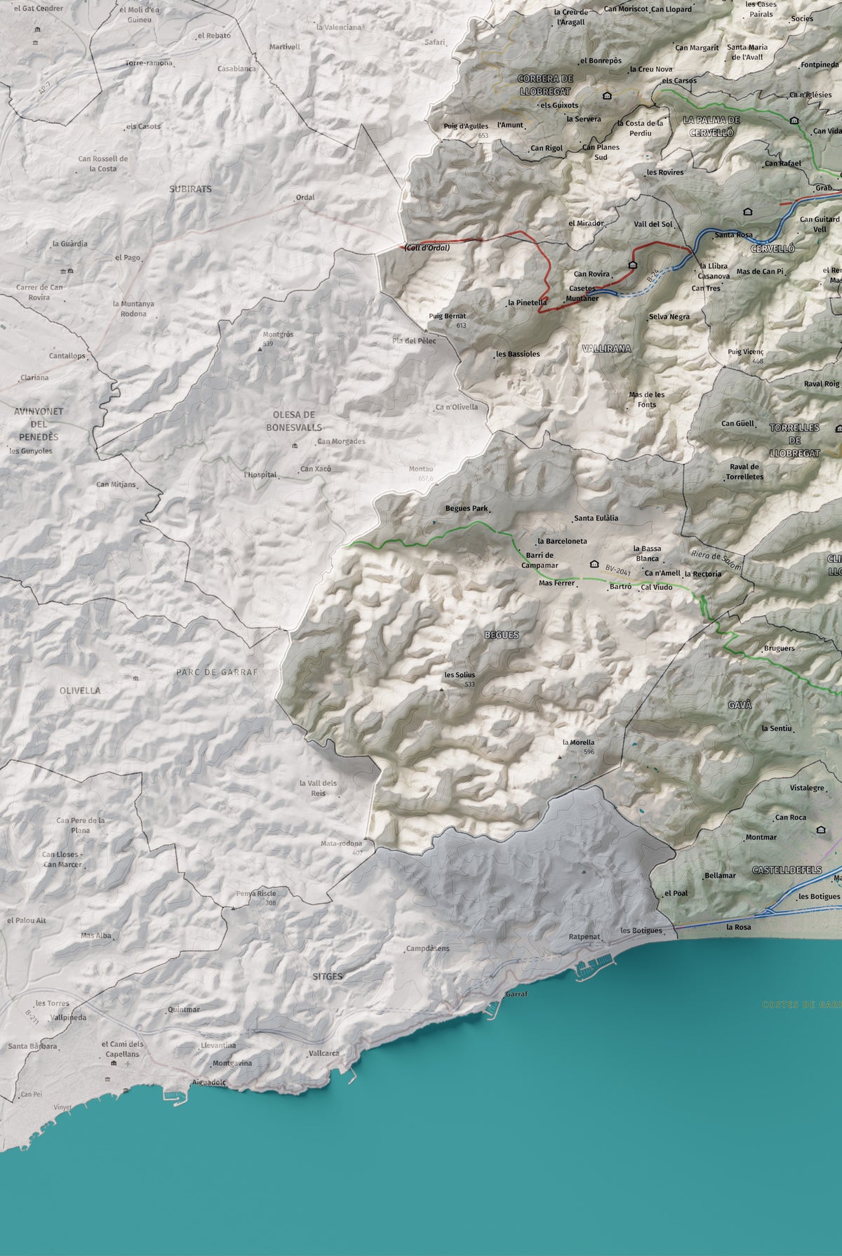 Mapa de relleu del Baix Llobregat, amb el territori en color i l’entorn en blanc. Detall de la part inferior esquerra. 61 × 91 cm. Estil Cartogràfic.