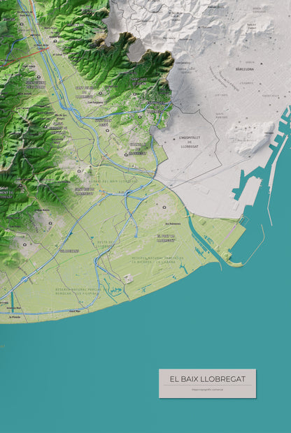 Mapa de relleu del Baix Llobregat, amb el territori en color i l’entorn en blanc. Detall de la part inferior dreta. 61 × 91 cm. Estil Clàssic.