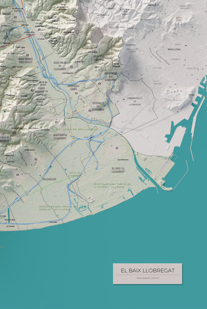 Mapa de relleu del Baix Llobregat, amb el territori en color i l’entorn en blanc. Detall de la part inferior dreta. 61 × 91 cm. Estil Cartogràfic.