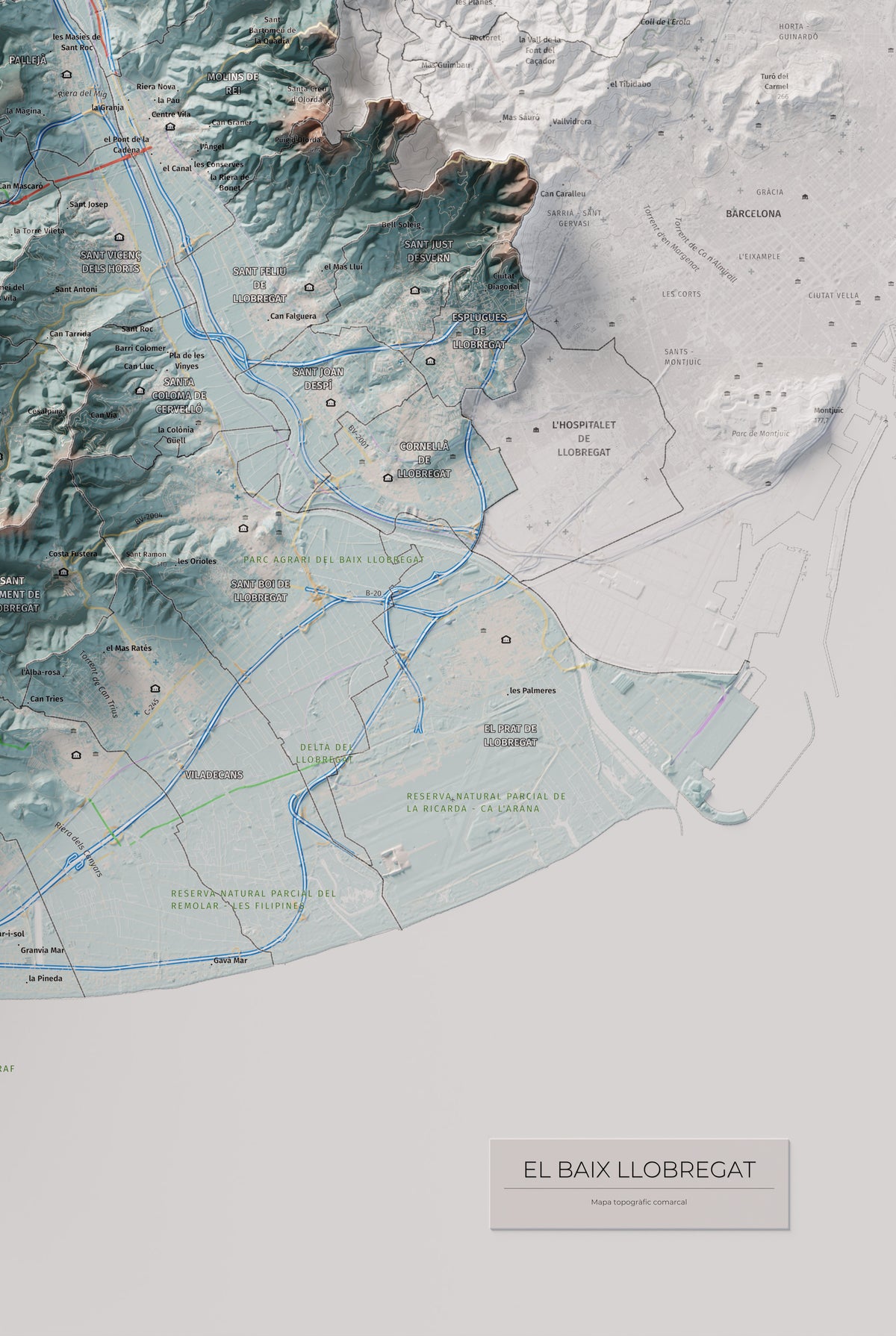Mapa de relleu del Baix Llobregat, amb el territori en color i l’entorn en blanc. Detall de la part inferior dreta. 61 × 91 cm. Estil Blau i taronja.