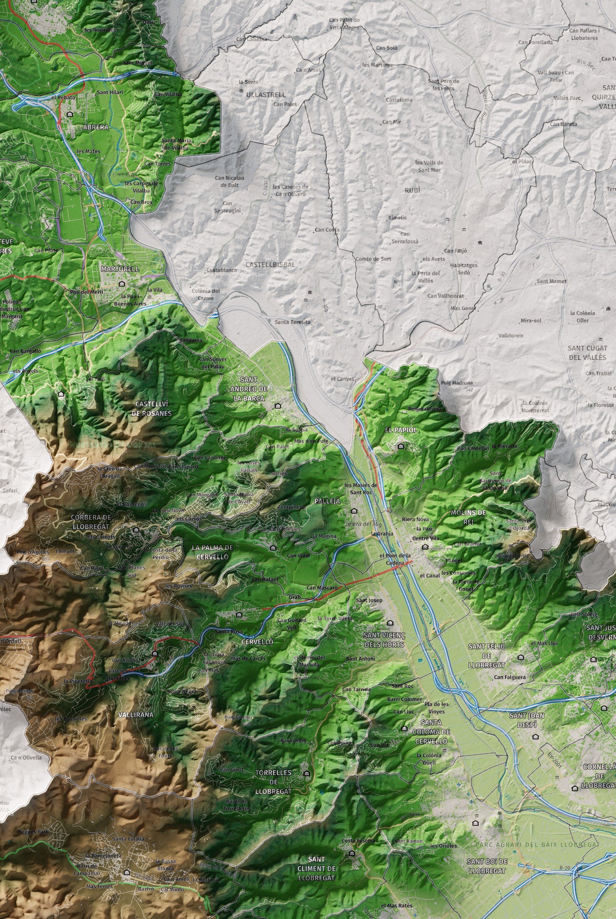 Mapa de relleu del Baix Llobregat, amb el territori en color i l’entorn en blanc. Detall de la part central. 61 × 91 cm. Estil Clàssic.