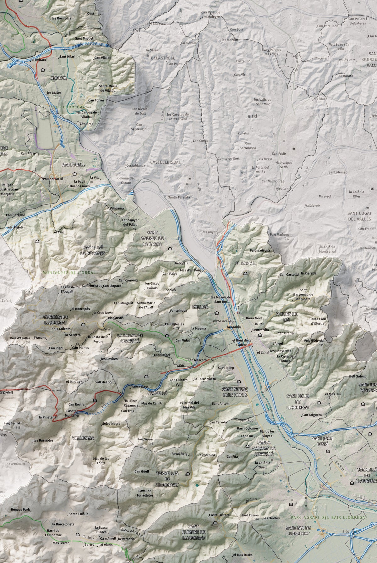 Mapa de relleu del Baix Llobregat, amb el territori en color i l’entorn en blanc. Detall de la part central. 61 × 91 cm. Estil Cartogràfic.