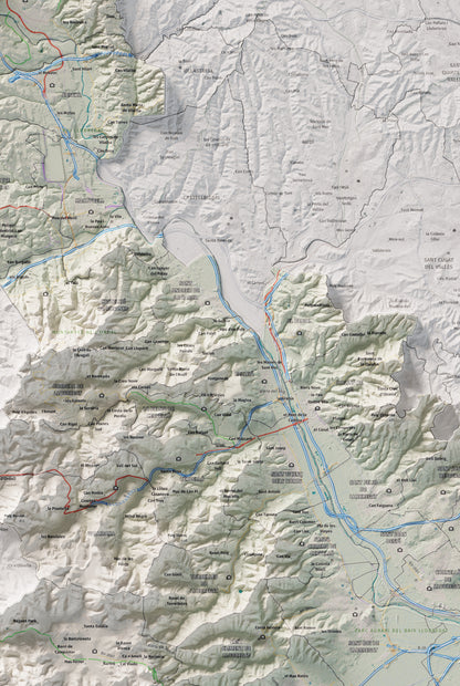 Mapa de relleu del Baix Llobregat, amb el territori en color i l’entorn en blanc. Detall de la part central. 61 × 91 cm. Estil Cartogràfic.