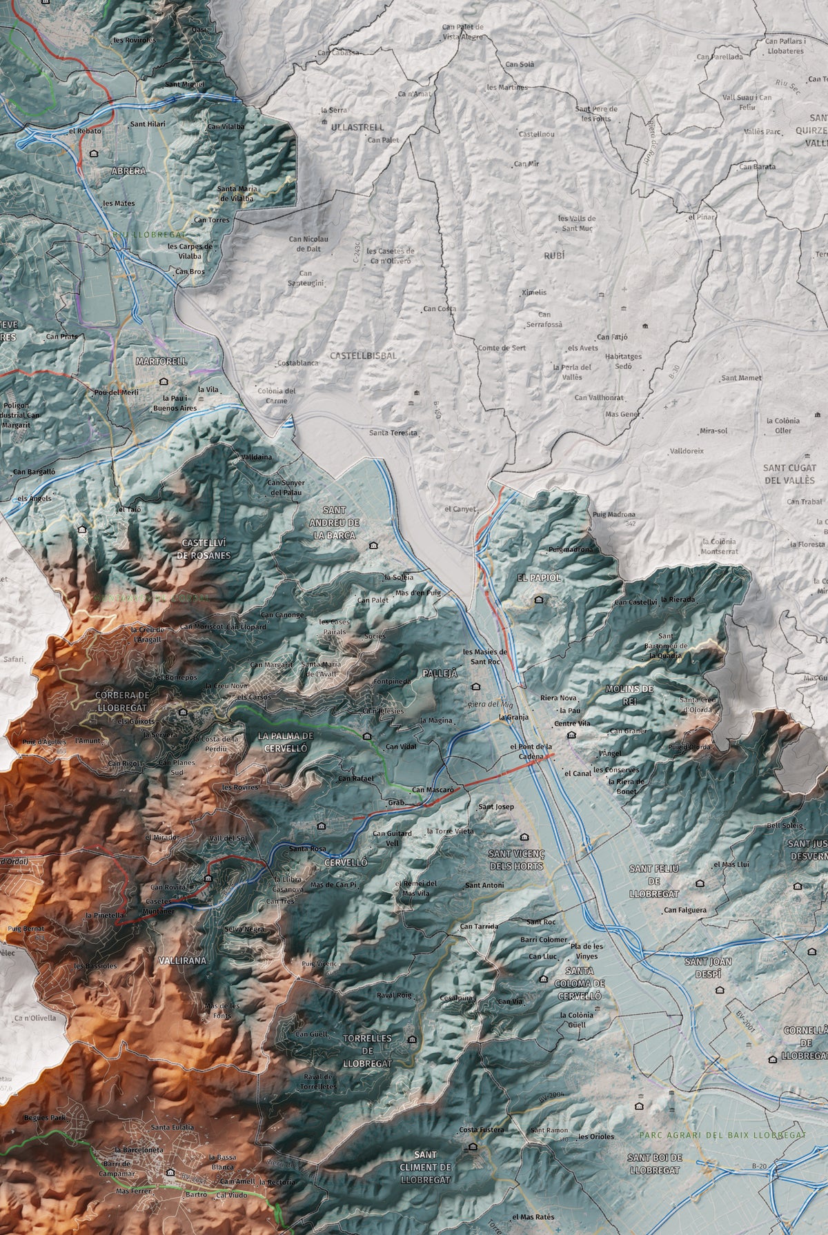 Mapa de relleu del Baix Llobregat, amb el territori en color i l’entorn en blanc. Detall de la part central. 61 × 91 cm. Estil Blau i taronja.