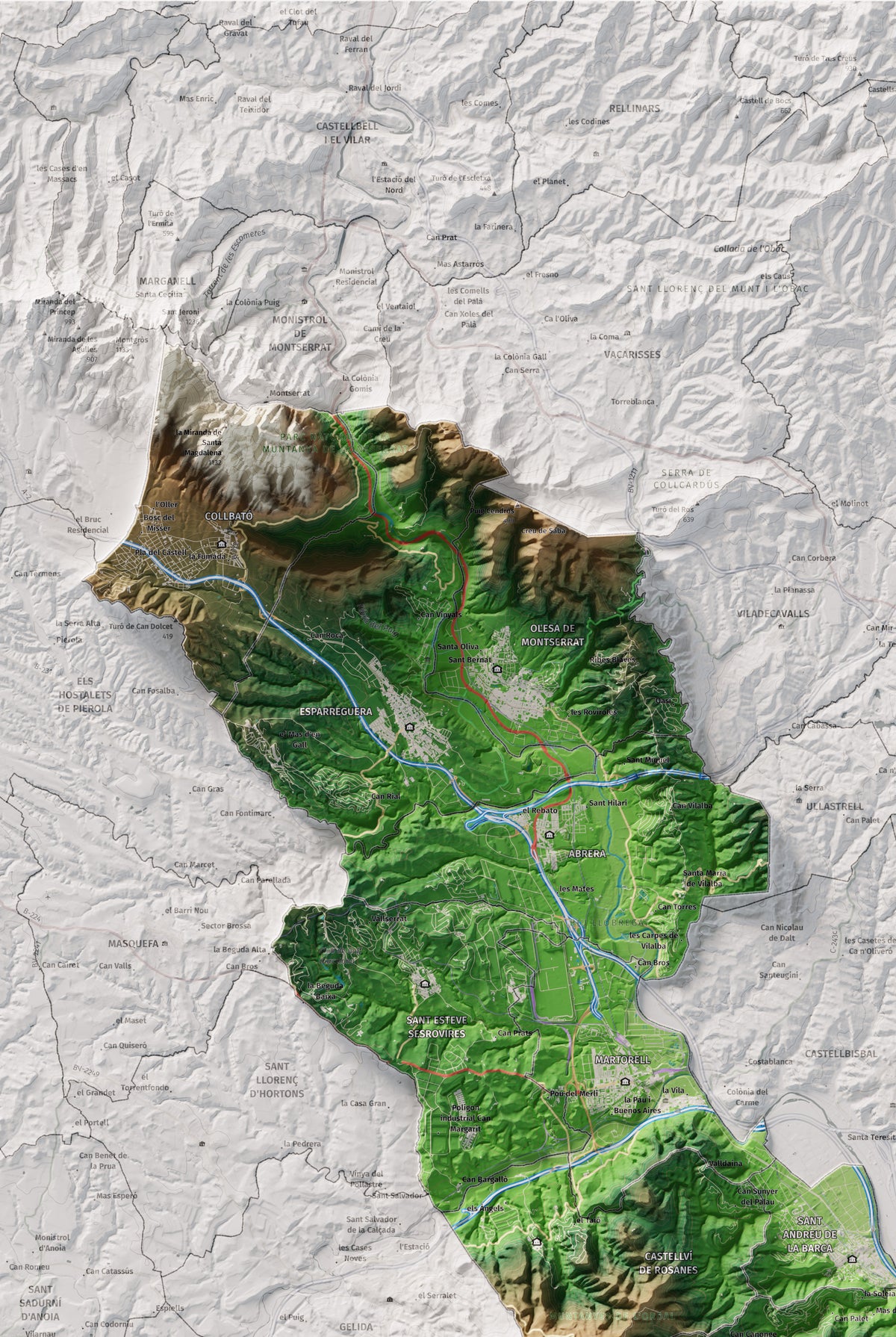 Mapa de relleu del Baix Llobregat, amb el territori en color i l’entorn en blanc. Detall de la part superior esquerra. 61 × 91 cm. Estil Clàssic.