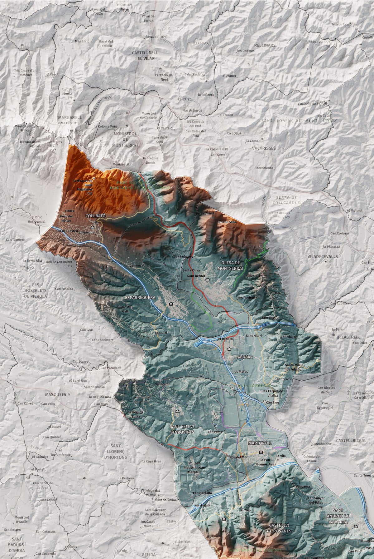 Mapa de relleu del Baix Llobregat, amb el territori en color i l’entorn en blanc. Detall de la part superior esquerra. 61 × 91 cm. Estil Blau i taronja.