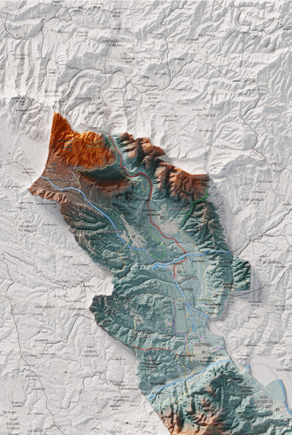 Mapa de relleu del Baix Llobregat, amb el territori en color i l’entorn en blanc. Detall de la part superior esquerra. 61 × 91 cm. Estil Blau i taronja.