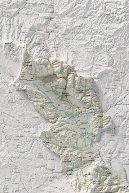 Mapa de relleu del Baix Llobregat, amb el territori en color i l’entorn en blanc. Detall de la part superior esquerra. 61 × 91 cm. Estil Cartogràfic.