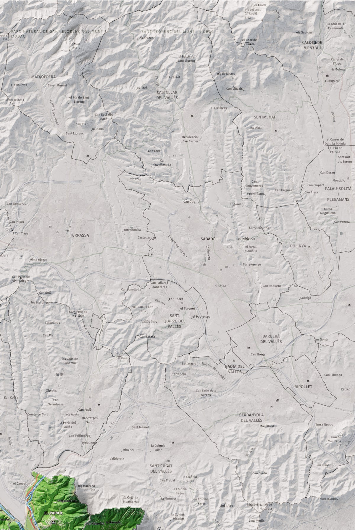 Mapa de relleu del Baix Llobregat, amb el territori en color i l’entorn en blanc. Detall de la part superior dreta. 61 × 91 cm. Estil Clàssic.