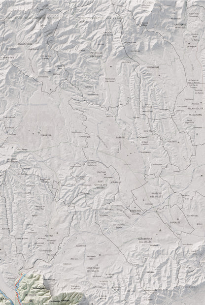 Mapa de relleu del Baix Llobregat, amb el territori en color i l’entorn en blanc. Detall de la part superior dreta. 61 × 91 cm. Estil Cartogràfic.